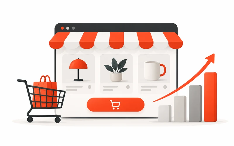Online storefront with a shopping cart, rising sales chart, and upward arrow.